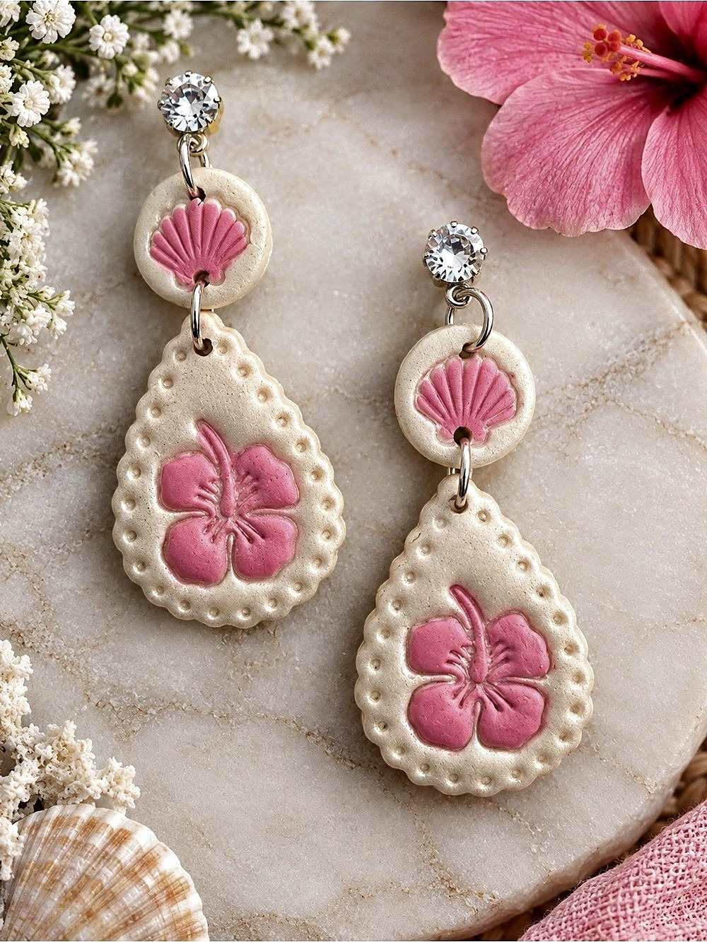 Pink Floral Drop Handmade Polymer Clay Earrings